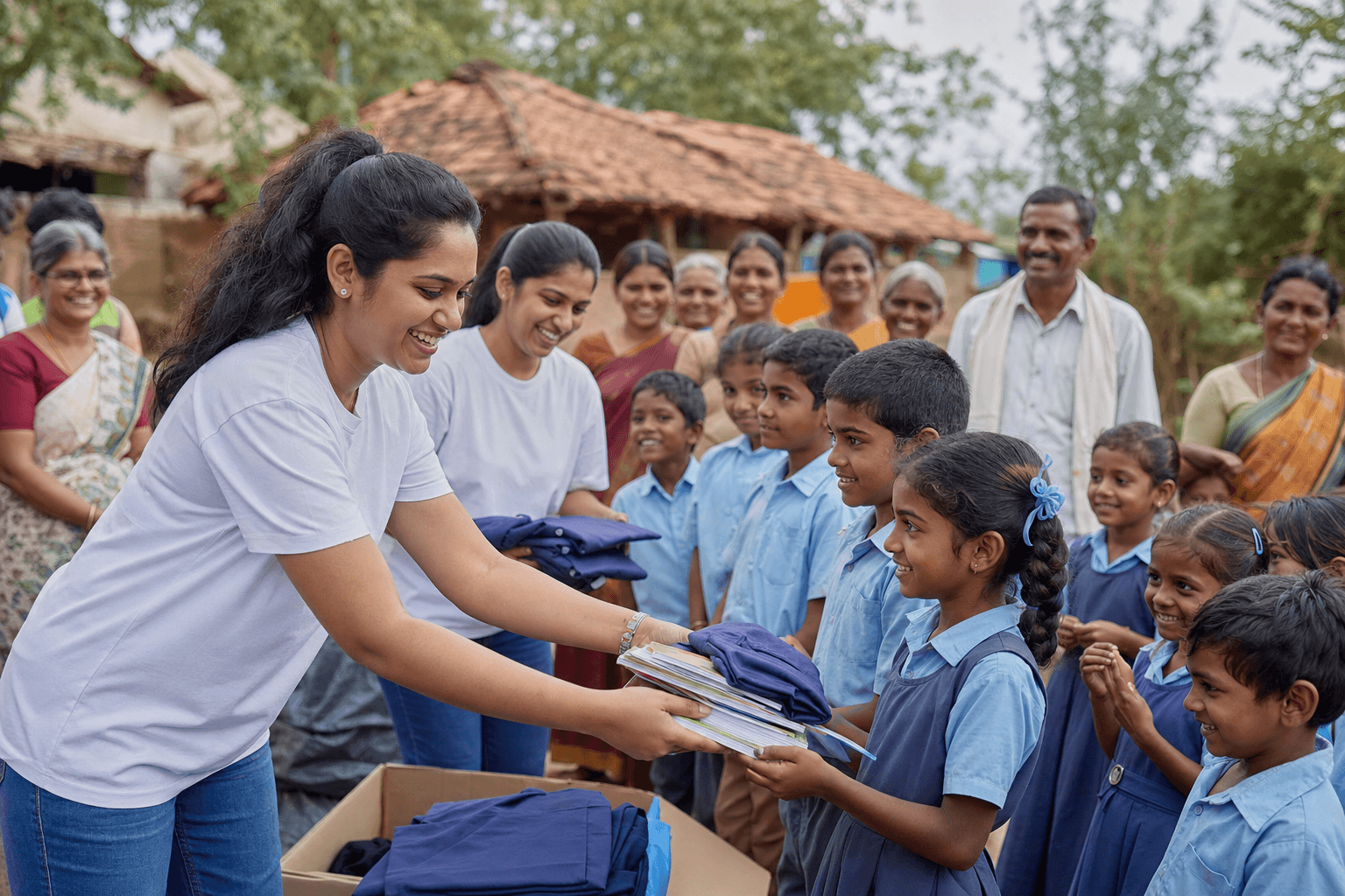 Volunteers distributing school supplies
